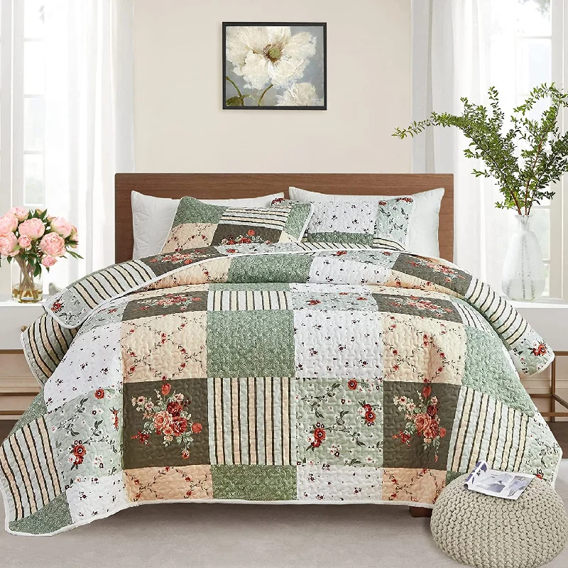 plush satin bedspread-Floral Patchwork Quilt Set 3 Pieces Green Plaid Reversible Bedspread Coverlet Set with 2 Pillow Shams