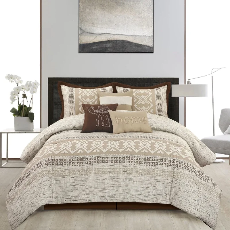 cooling silk bed set-Genesis 7 Piece Comforter Set, Taupe, Geometric