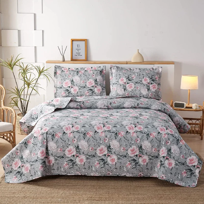 handwoven silk throw-Gray Pink Rose Flower Coverlet 3 Pieces Floral Quilt Set with 2 Pillowcases