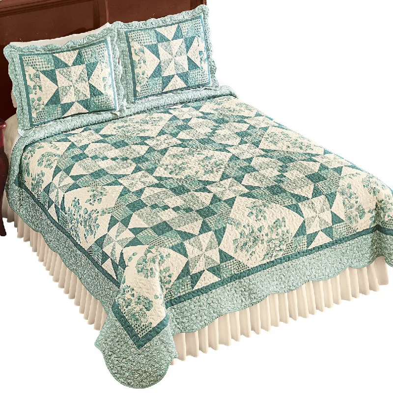 soft tencel sheets-Green & Cream Star Floral Diamond Patchwork Reversible Quilt