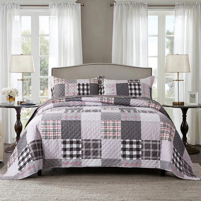 elegant satin bedspread-Pure Cotton Pink And Brown Modern Plaid Mosaic 3 Pieces Quilt Set with 2 Pillowcases