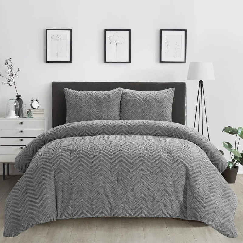 plush cotton blanket-Harvard 3 Piece Comforter Set, Grey, Solid Color