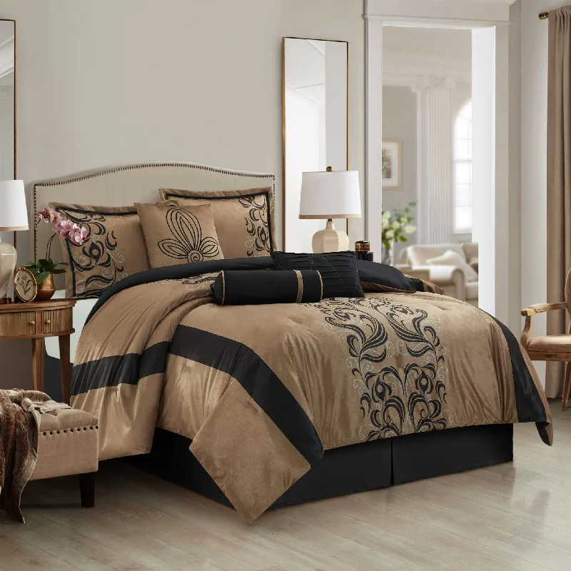 soft microfiber throw-Helda Flocked 7-Piece Comforter Set, Brown