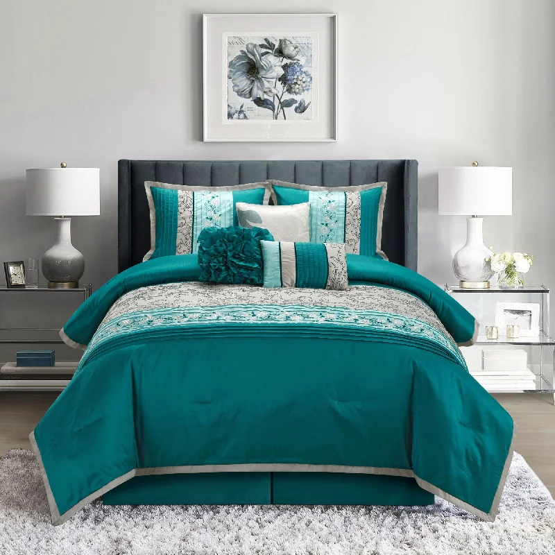 breathable bamboo pillow-Juliana Floral 7-Piece Comforter Set, Teal/Grey