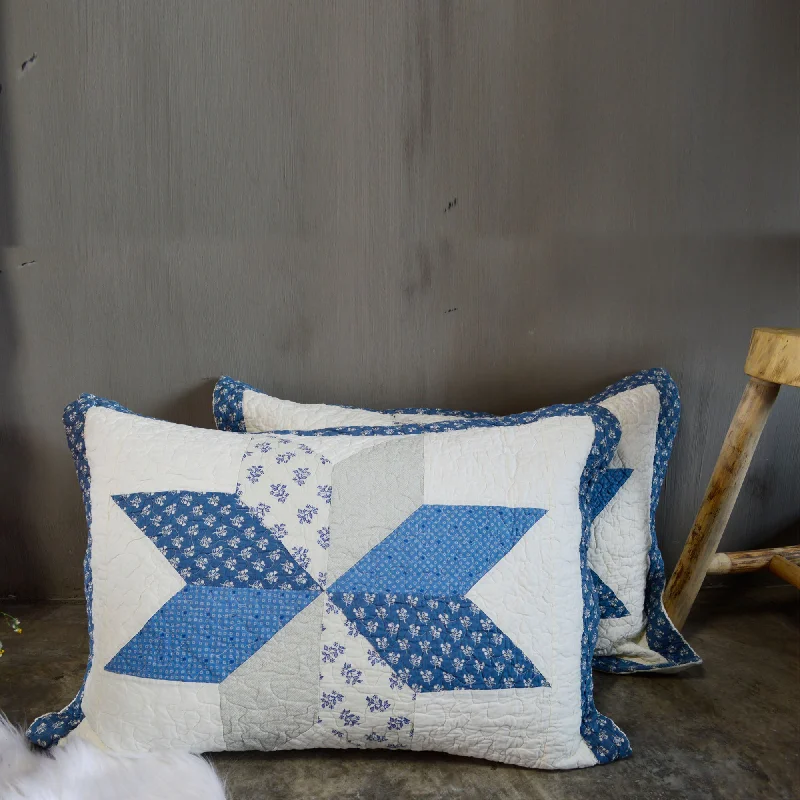 cozy silk quilt-Diamond Motif Blue/Ivory Boho Quilt Pillow Sham