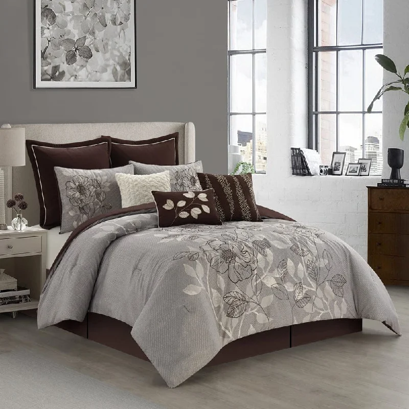 modern geometric pillow-Korra 7 Piece Comforter Set, Brown/Grey, Floral