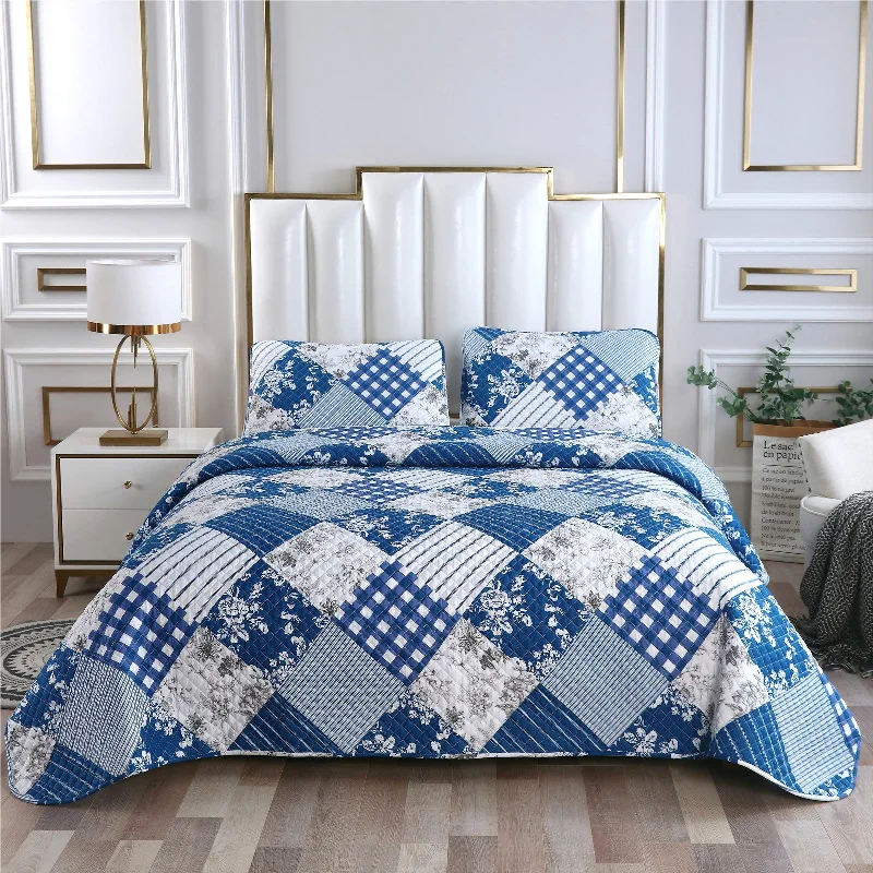 vintage knit throw blanket-Blue Line Lattice Flower Splicing 3 Pieces Quilt Set with 2 Pillowcases