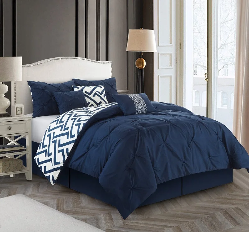 lightweight bamboo bed set-Loren 7-Piece Reversible Comforter Set, Navy, Solid Color