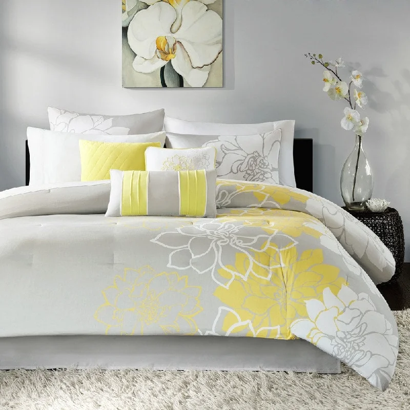 soft tencel blanket-Madison Park Brianna Taupe Grey/Yellow Flower Printed Cotton Comforter Set