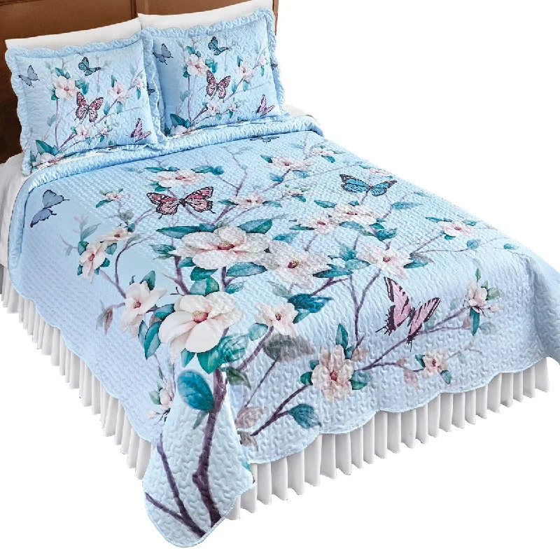 hand-stitched cotton pillowcase-Magnolia Blossoms & Fluttering Butterflies Scalloped Quilt