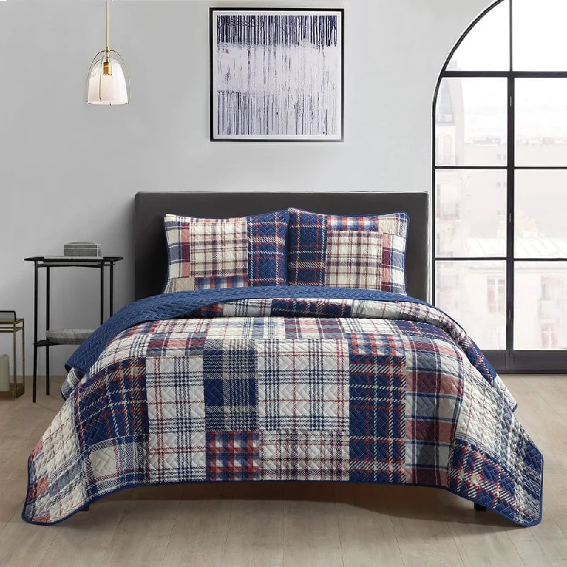 luxury Egyptian cotton bedspread-Mareline Plaid 3 Piece Quilt Set, Blue