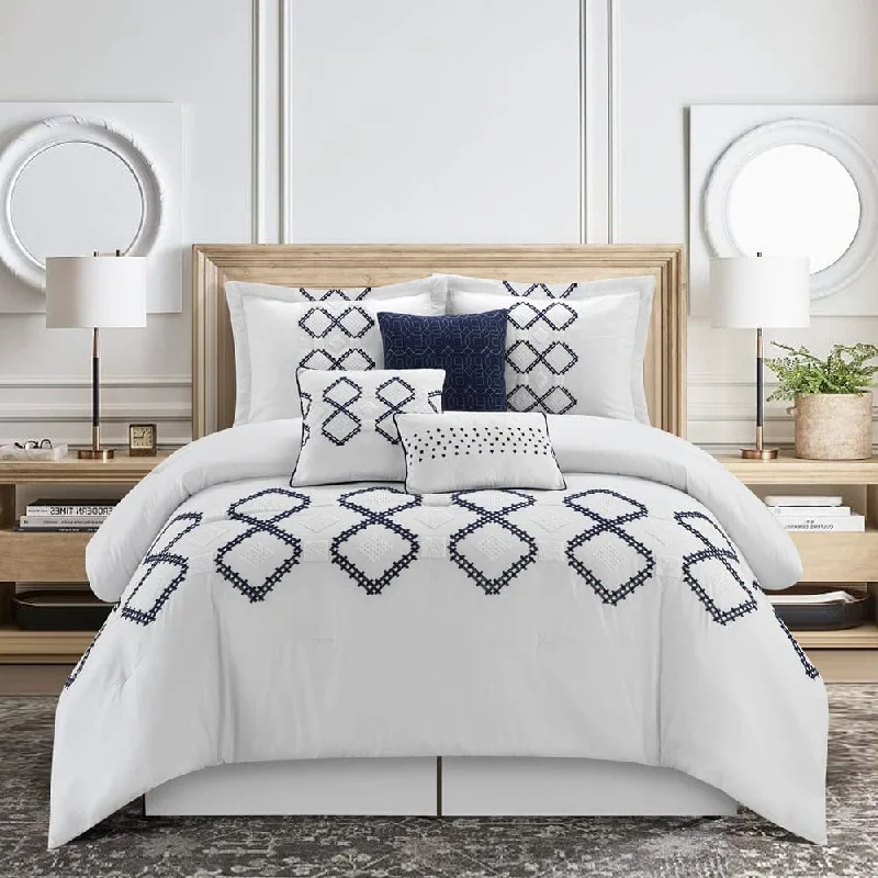 cooling jersey comforter-Nataly 7 Piece Comforter Set, White/Blue, Geometric