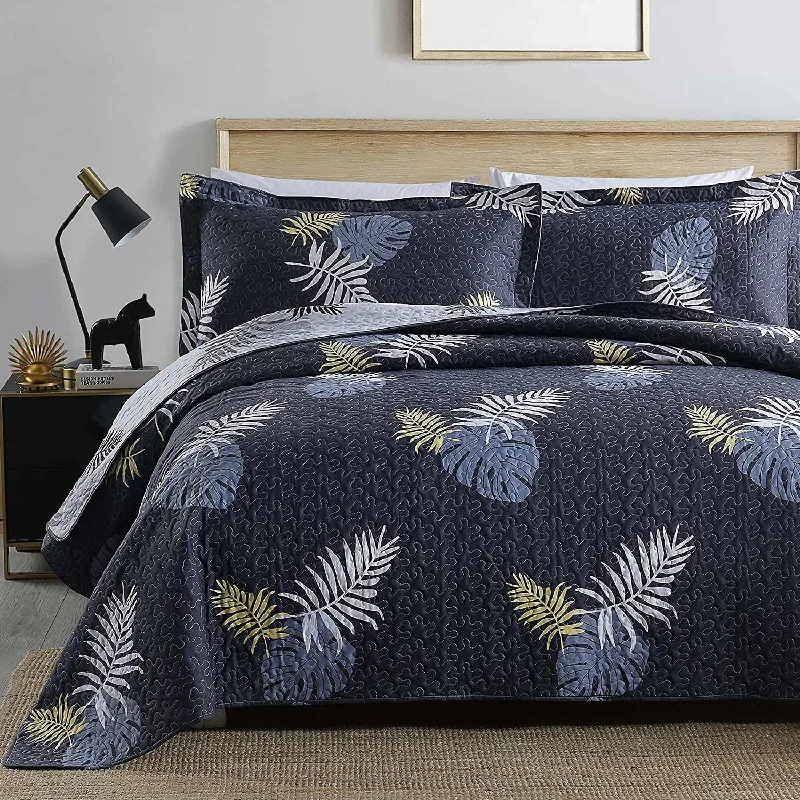 luxury velvet sheets-Navy and Leaf Print Lightweight Soft Quilt Set with 2 Pillow Shams