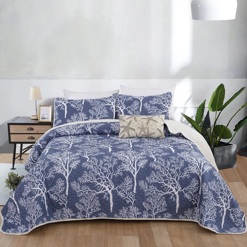 colorful striped duvet-Navy Blue Background White Tree Branch 3 Pieces Quilt Set With 2 Pillowcases