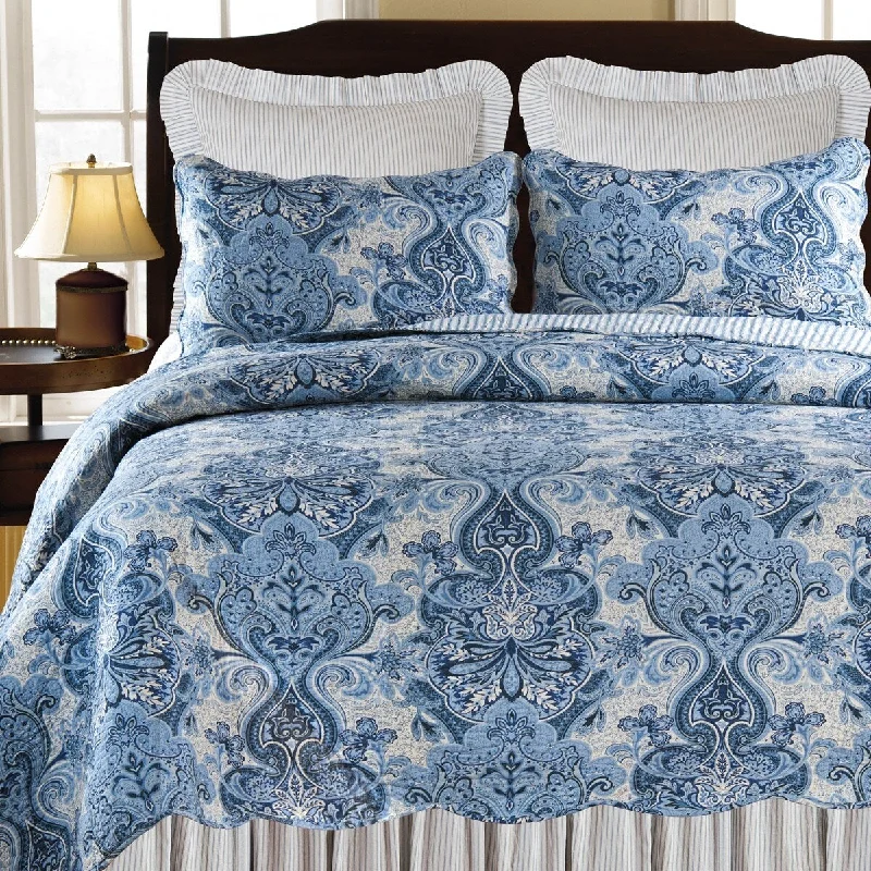 organic jersey quilt-Navy Damask Full/Queen Quilt - Blue/White