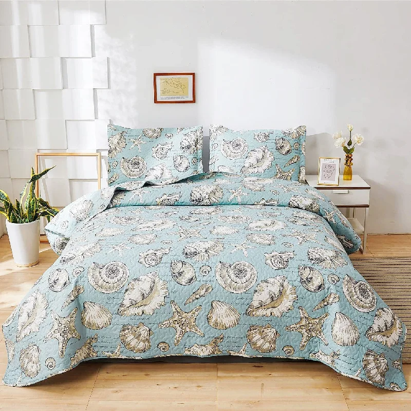 hypoallergenic bamboo throw-Ocean Theme Blue Beach 3 Pieces Quilt Set with 2 Pillowshams