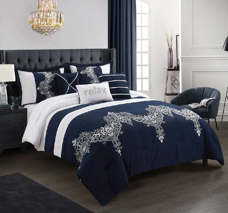 colorful geometric sheets-Odayle Damask 6- Piece Comforter Set, Navy