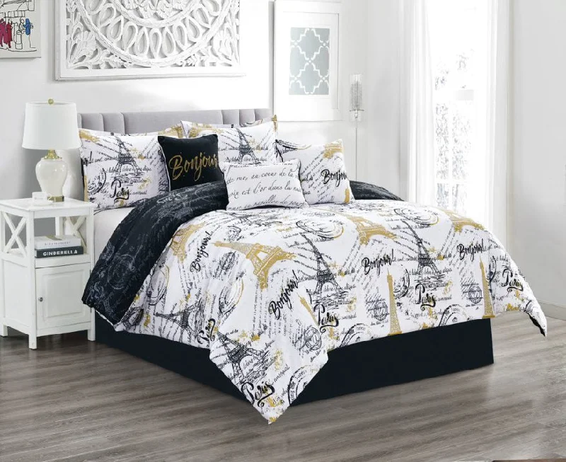 elegant satin bedspread-Paris Black 7-piece Reversible Comforter set