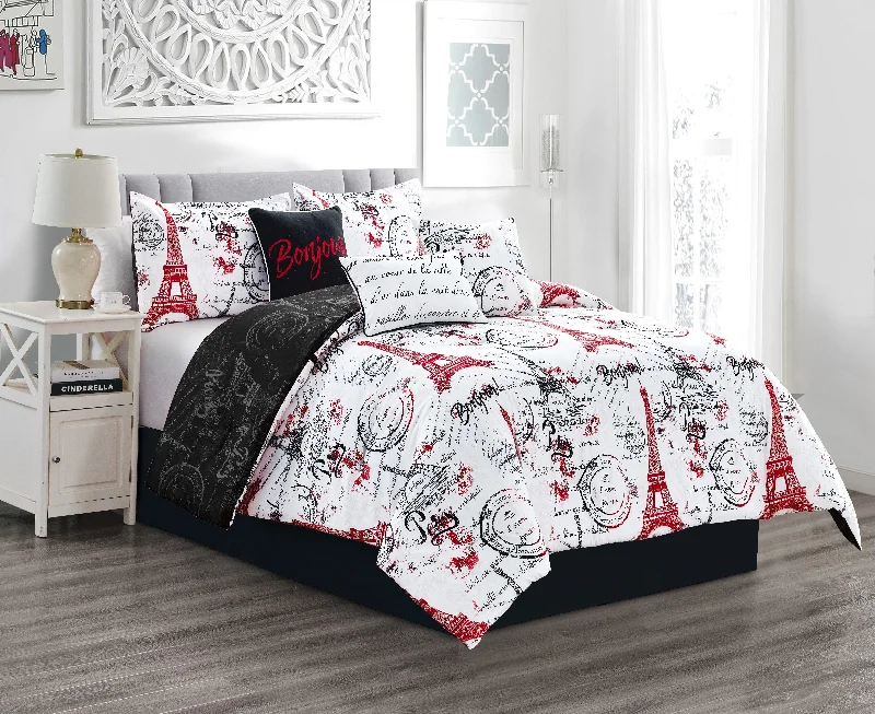 soft percale bed sheets-Paris Red 7-piece Reversible Comforter set