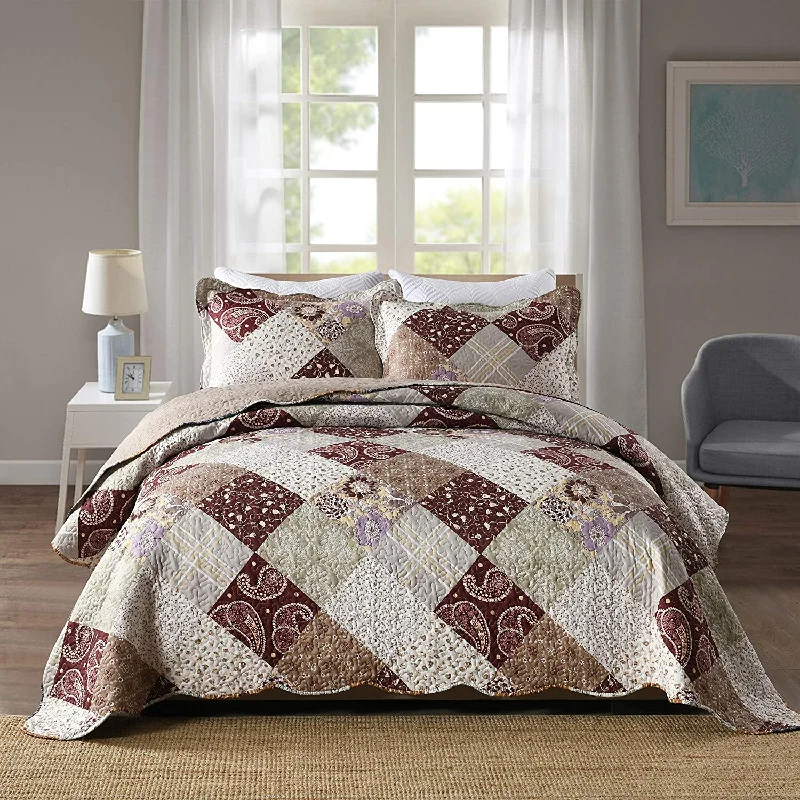 silky percale bed set-Patchwork Brown Floral Patchwork Brown 3 Pieces Quilt Set With 2 Pillowcases