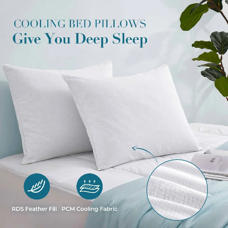 cooling linen bed topper-PCM Cooling Goose Feather Down Pillows Set of 2, Cool Touch Bed Pillow - White