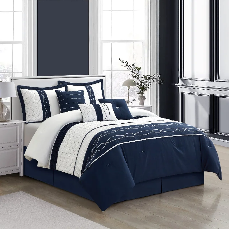 organic jersey quilt-Penley 7-Piece Comforter Set, Navy/White, Geometric