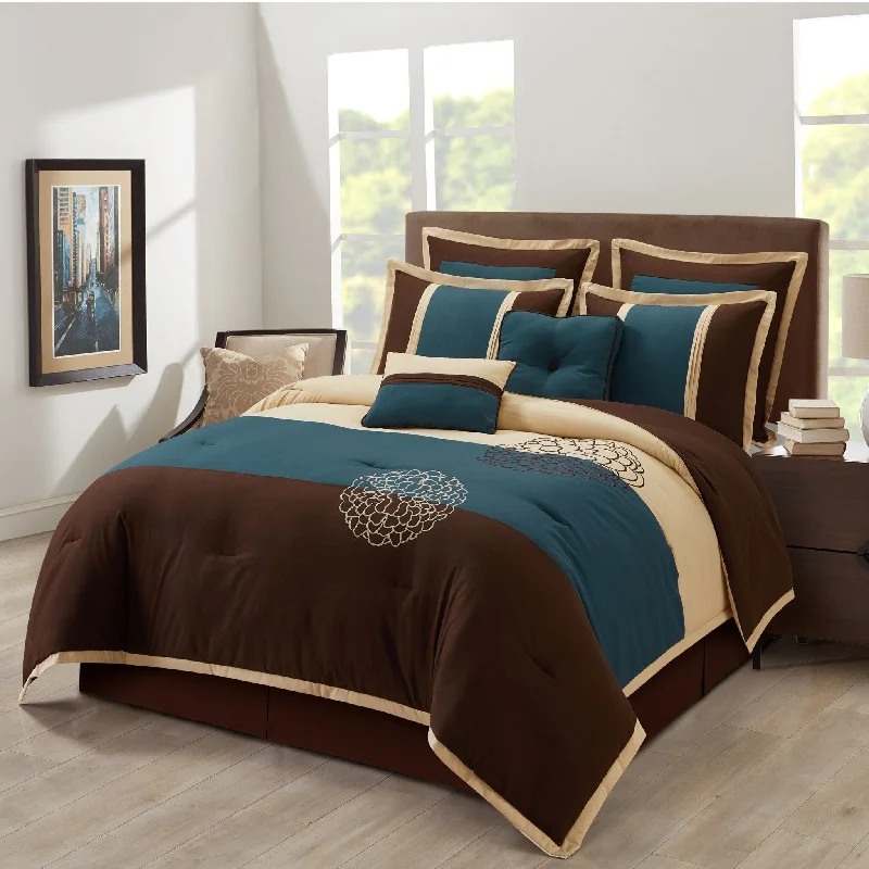 cooling jersey quilt-Phoebe Faux Silk 8-Piece Comforter Set, Brown/Blue