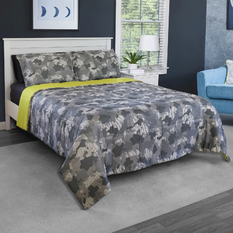 cozy cotton bed set-Pixel Camo Grey Microfiber Comforter Set