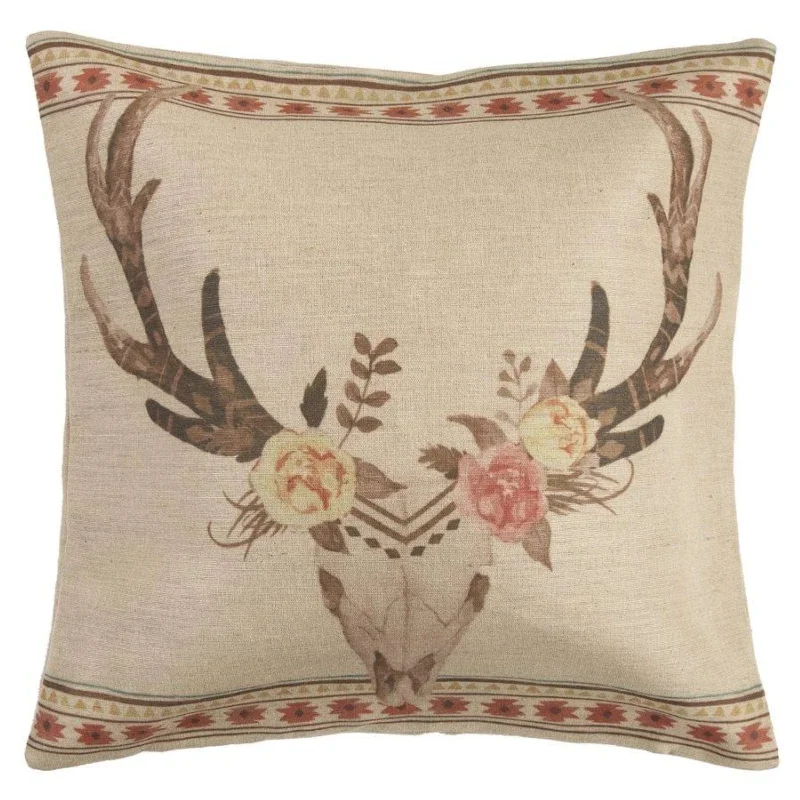 minimalist navy sheets-Burlap Floral Skull Accent Pillow