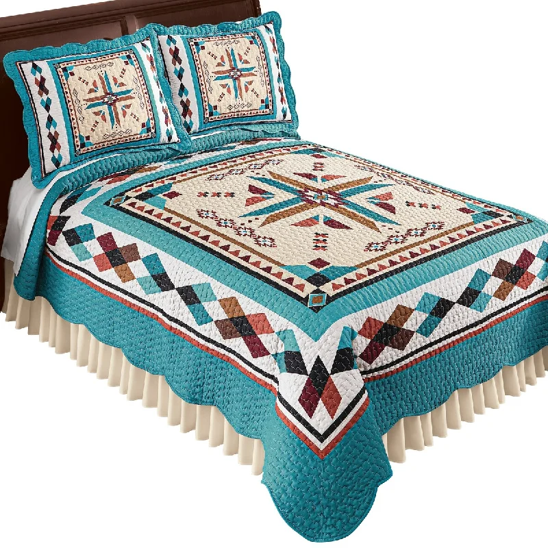 vintage wool quilt-Printed Southwestern Design Turquoise-Brown Quilt