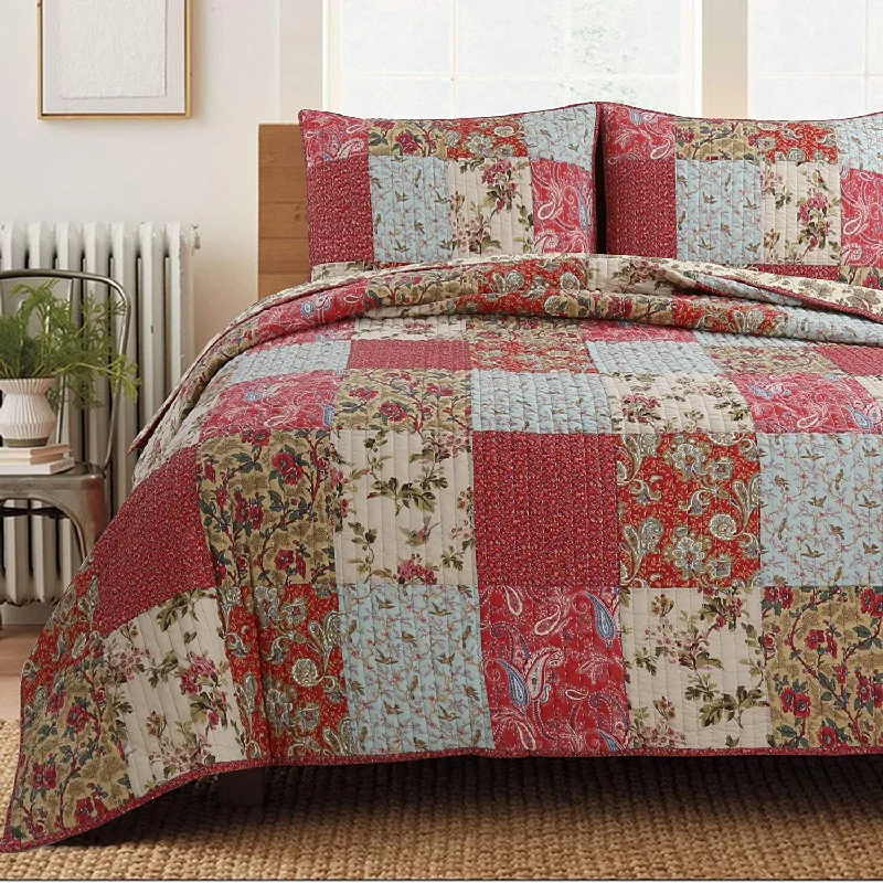 thick fleece bedspread-Pure Cotton Adeline Red Teal Khaki Floral Pint Pattern 3 Pieces Quilt Set with 2 Pillowcases