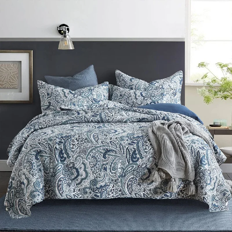 soft tencel sheets-Pure Cotton Blue Floral Paisley Reversible Patchwork Quilt Sets 3 Pieces Coverlet Set with 2 Pillowcases