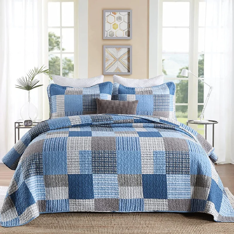 breathable silk bed set-Pure Cotton Blue Navy Plaid Patchwork 3 Pieces Quilt Bedding Set with 2 Pillowcases