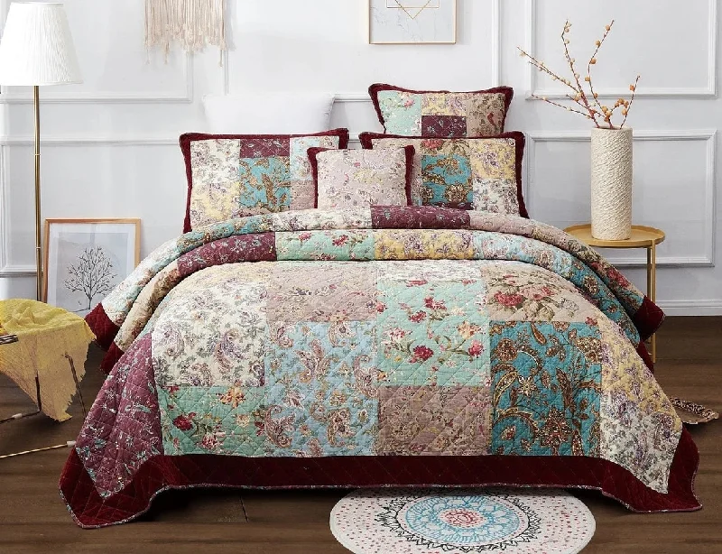 soft flannel duvet cover-Pure Cotton Bohemian Burgundy Red Floral Patchwork Quilt Set With 2 Pillowcases