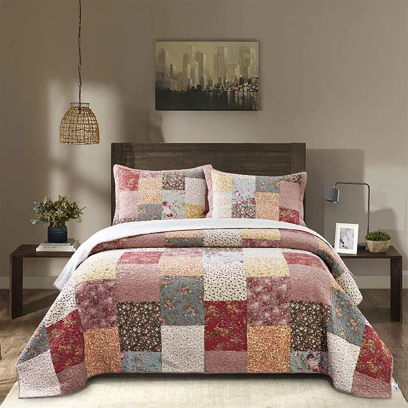 breathable cotton throw-Pure Cotton Bohemian with Decorative Floral Print Patchwork Design 3 Pieces Quilt Set with 2 Pillowcases