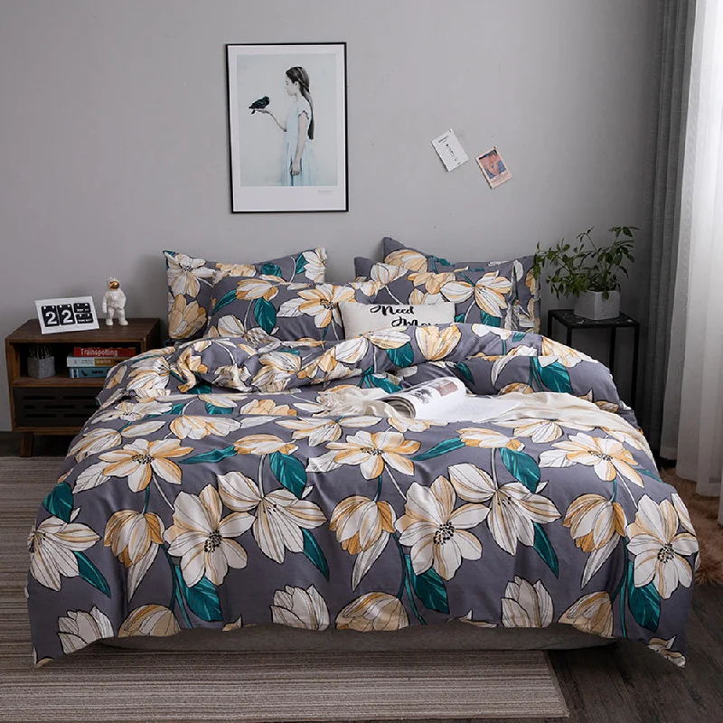 cozy cotton comforter-Pure Cotton Floral Pattern Duvet Cover 4 Pieces Set With 2 Pillowcases