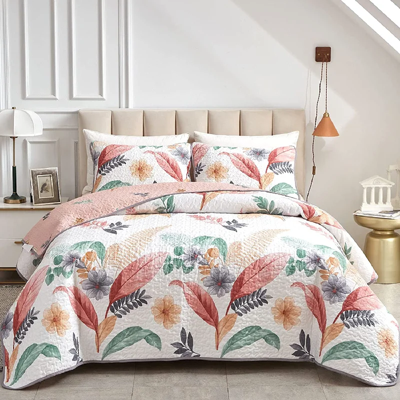 cooling jersey comforter-Pure Cotton Pink Leaves Flowers Printed on White Breathable Floral Quilt 3 Pieces Quilt Set with 2 Pillowshams