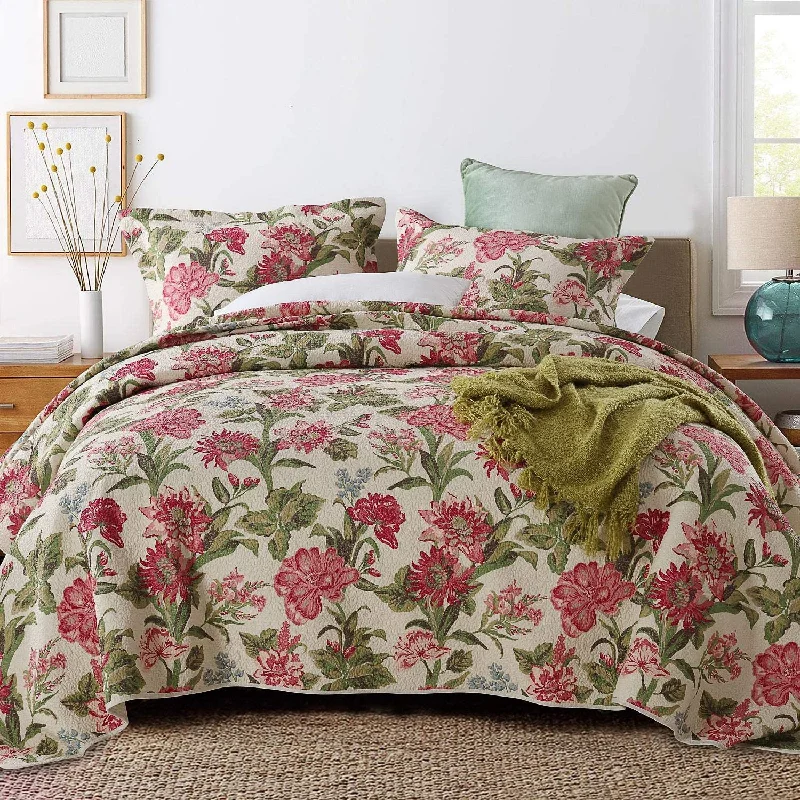 vintage chenille bed set-Pure Cotton Red Flower Green Leaves Prints 3 Pieces Reversible Quilt Set with 2 Pillowshams