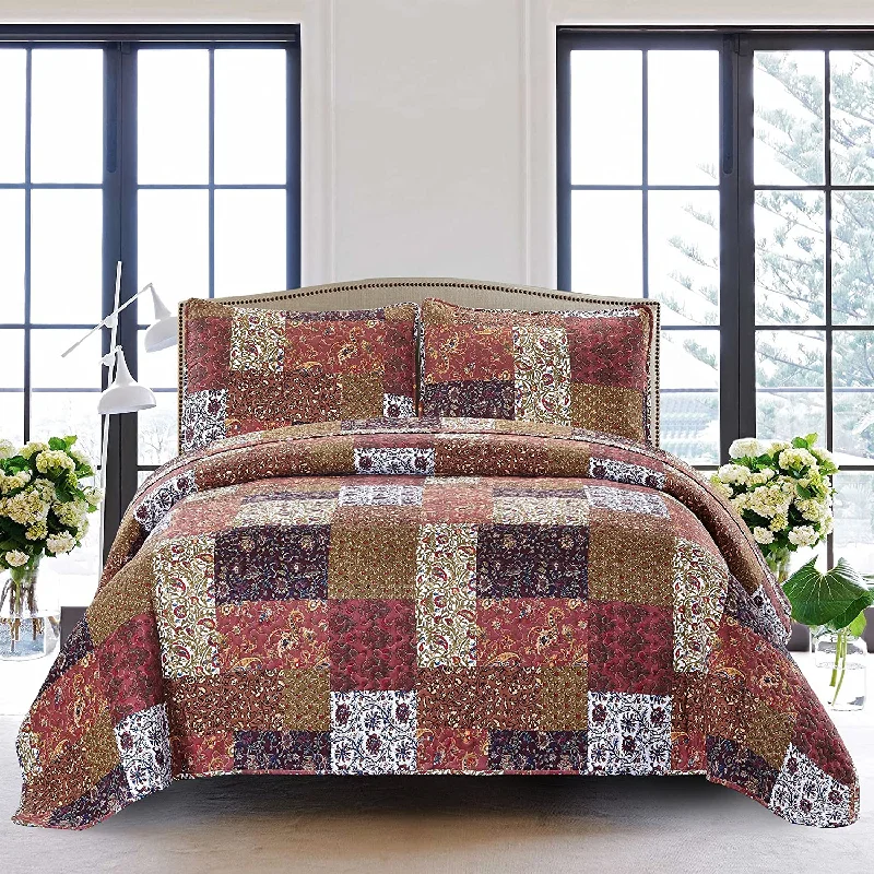 modern floral pillowcase-Pure Cotton Red Riches Lightweight Quilted Bedspread 3 Pieces Quilt Set with 2 Pillowcases