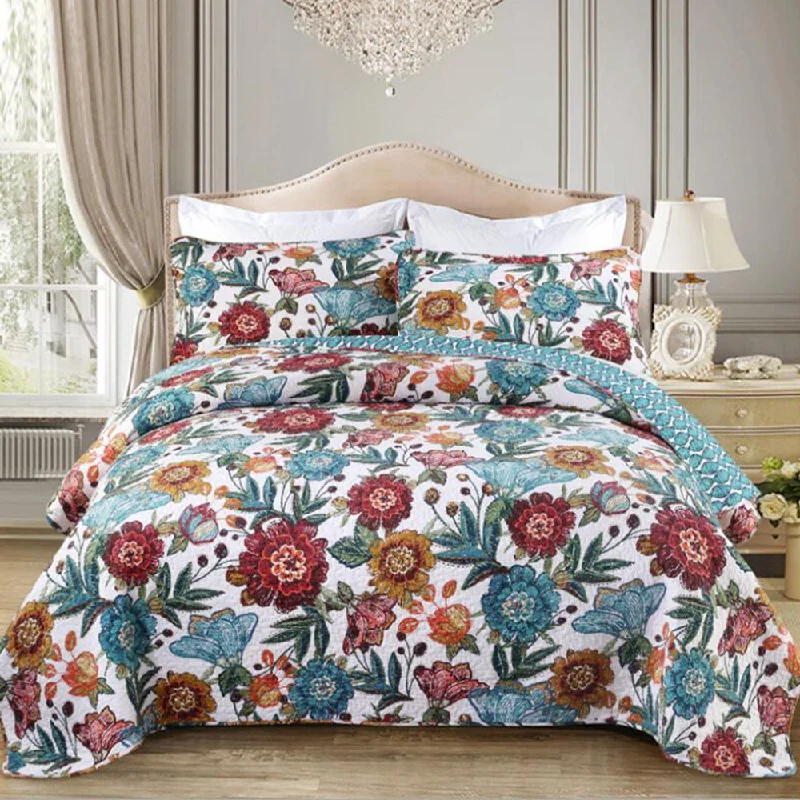 breathable linen duvet cover-Pure Cotton Tricolor Flower Pattern 3 Pieces Quilt Set with 2 Pillowcases