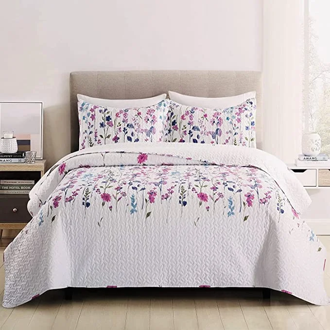 silky sateen pillowcase-Purple&Blue Lilac Flowers Patterns 3 Pieces Quilt Set with 2 Pillowcases