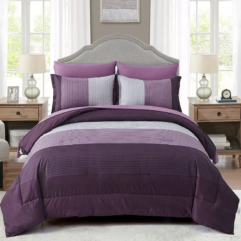 breathable bamboo comforter-Purple Stripe Queen Comforter Set 7 Pieces Stripe Comforter Sets with Comforter, Pillowshams, Flat Sheet, Fitted Sheet and Pillowcases