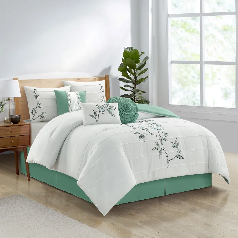 silky sateen duvet-Raina 7 Piece Comforter Set, Green, Floral