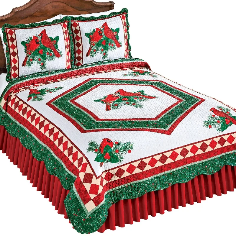 organic linen blanket-Red Cardinals and Holiday Pine Greenery Quilt