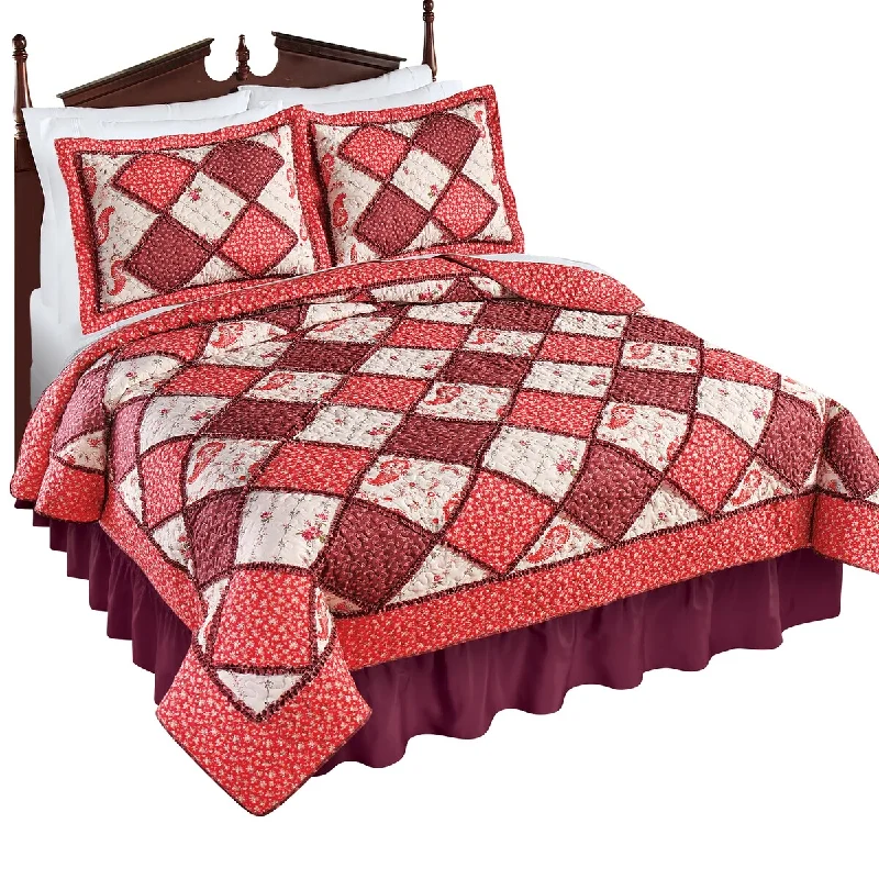 lightweight silk pillow-Red Floral and Paisley Patchwork Quilt