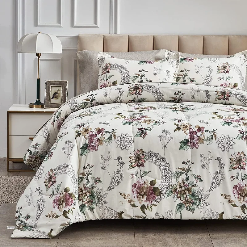 soft percale bed sheets-Red Floral Botanical Design 7 Pieces Reversible Comforter Set With 4 Pillows