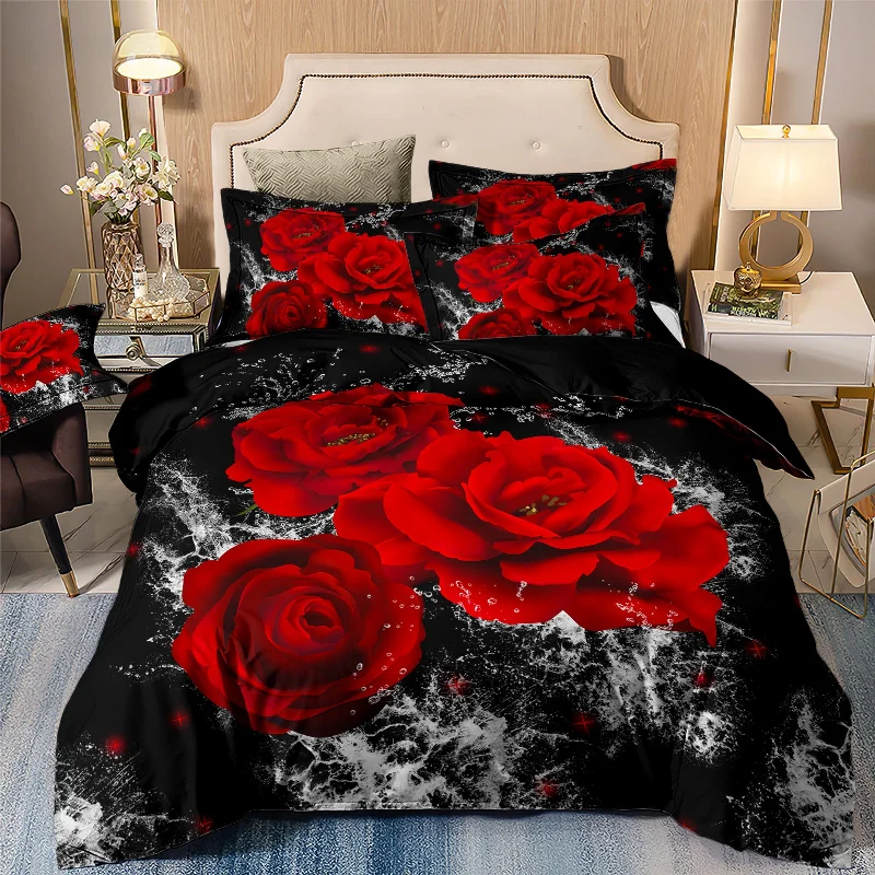 lightweight flannel blanket-Red Rose Duvet Cover 4 Pieces Set With 2 Pillowcases