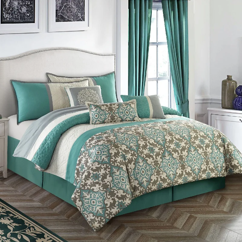 cozy bamboo pillow-Reina 7-Piece Comforter Set, Teal, Floral