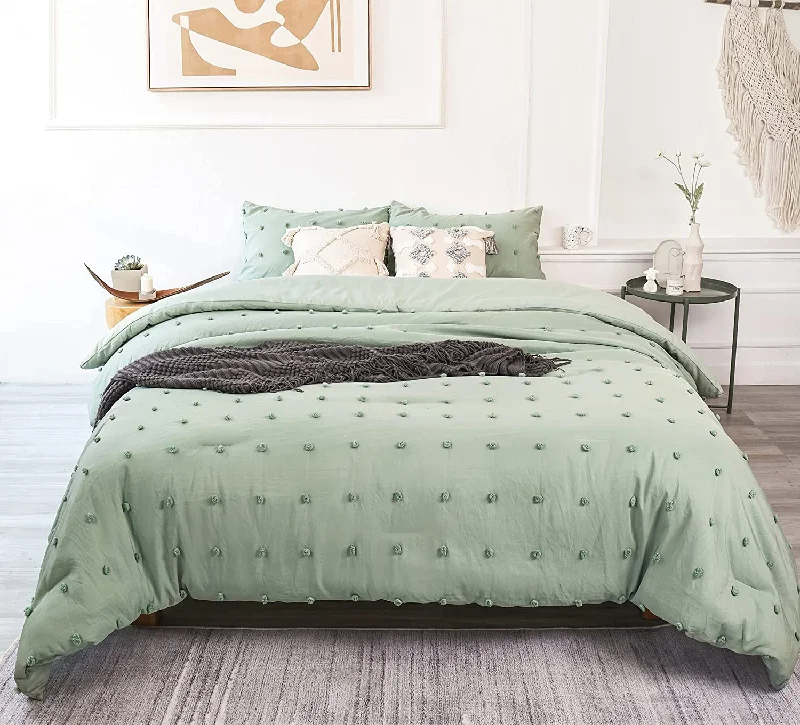 cozy fleece comforter-Sage Green Boho Style 3 Pieces Comforter Set With 2 Pillowcases