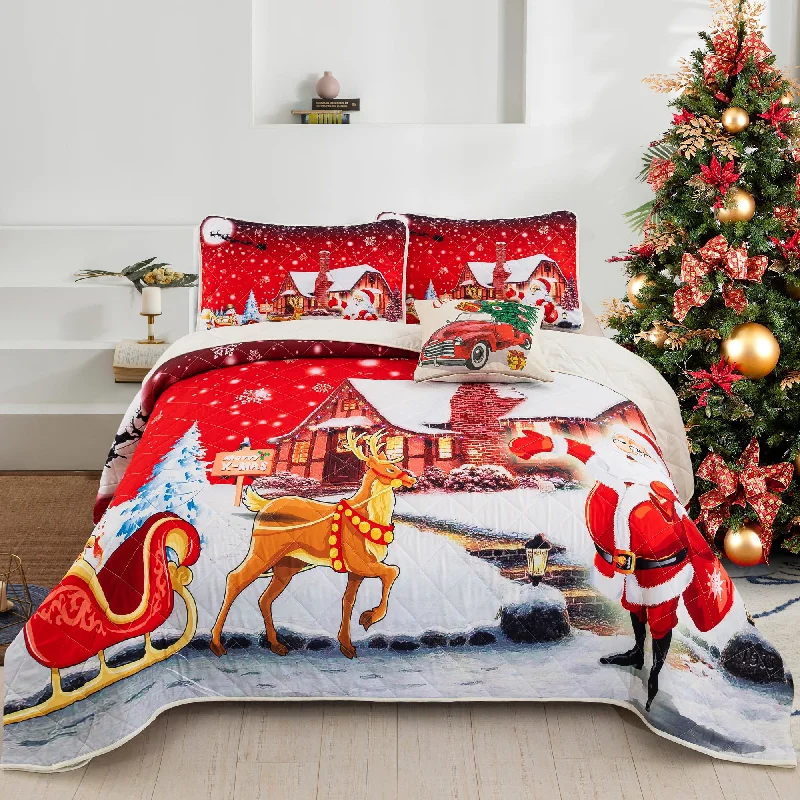 hand-stitched silk comforter-Santa Claus Christmas Style Quilt Set with 2 Pillowcases